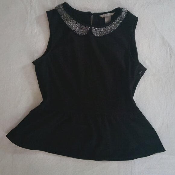 H&M Womens π Fancy Black Sequined Neck Fit And Flare Sleeveless Peplum Top - Picture 4 of 15